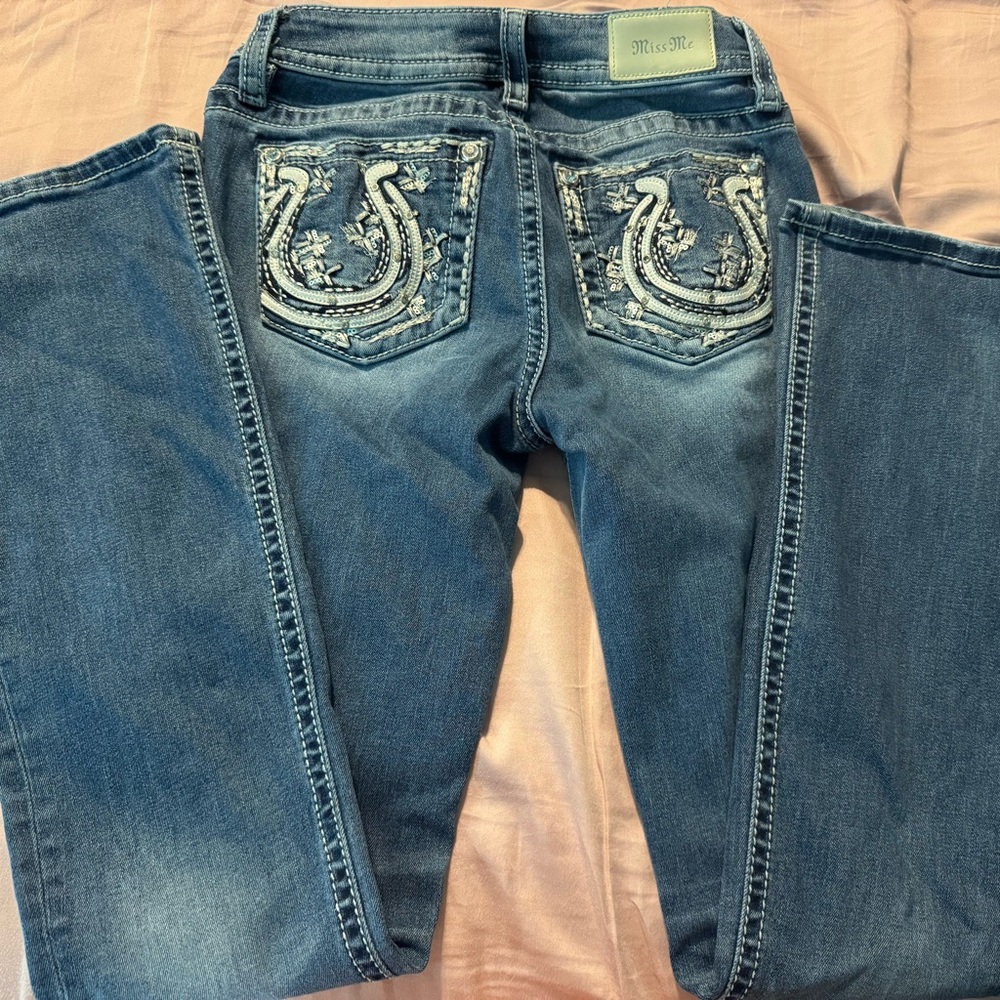 Miss Me Women's Blue Boot Cut Jeans with Silver Embellishments